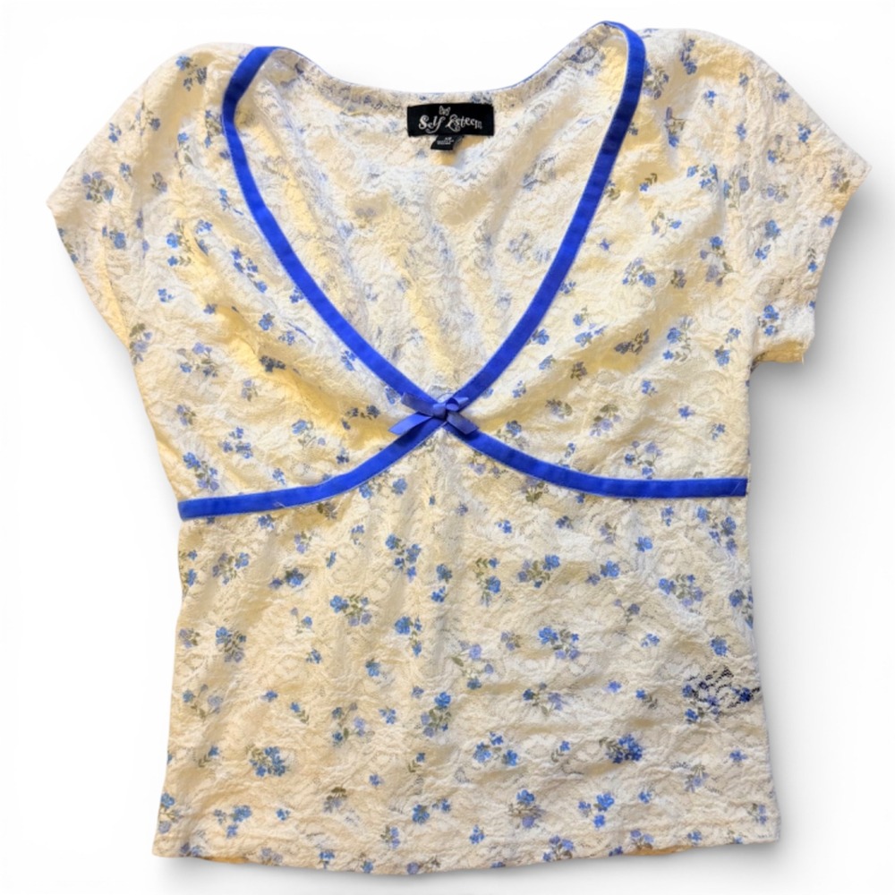Self Esteem Floral Lace Top Blue Ribbon Trim V Neck Short Sleeve‎ XS